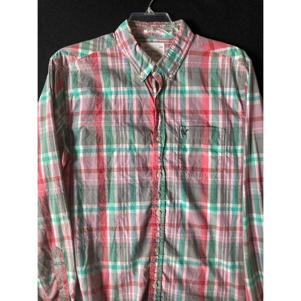 American Eagle Mens XL Plaid Button Down Shirt Red Pink Green Cotton